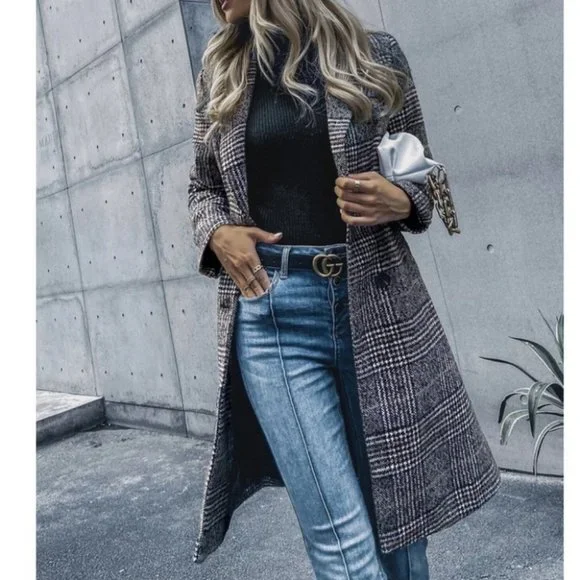 plaid Print Double Breasted Pea Overcoat jacket fall/winter - Picture 9 of 15